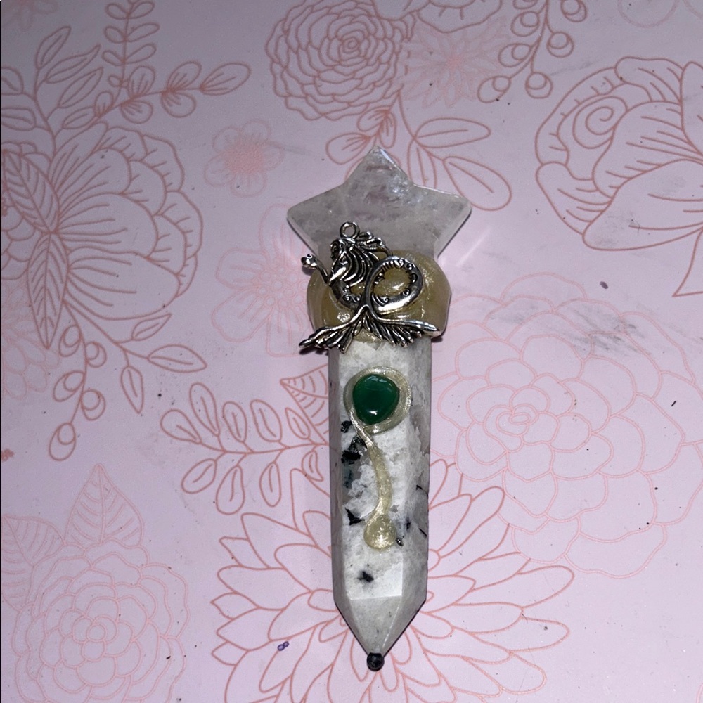 Moonstone and quartz Crystal wand with Green Adventuring and Silver Accents
